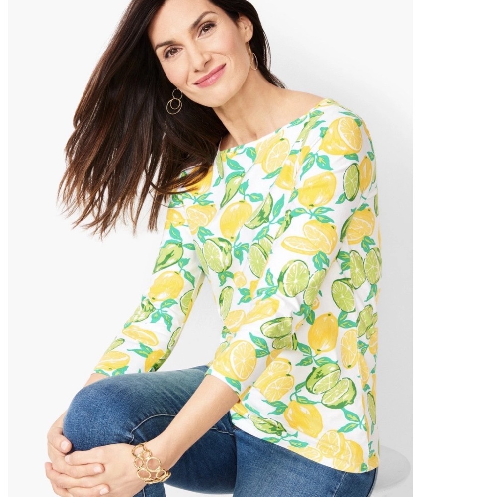 Talbots Petite Boatneck Top Women Petite Medium Lemon Lime Citrus NWT summer